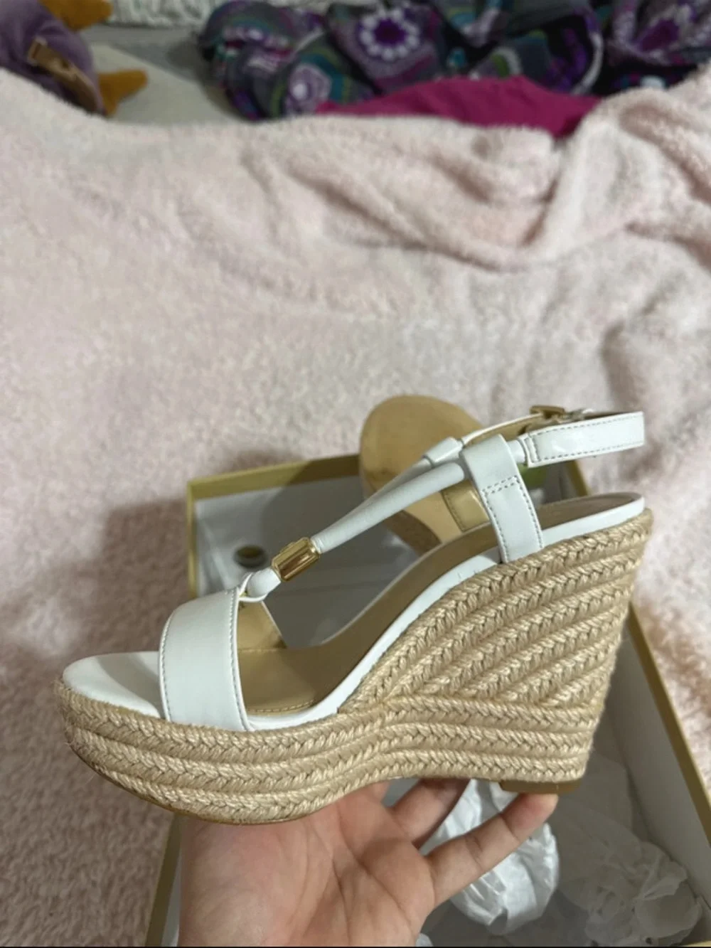 Michael Kors White Leather Braided T-Strap Espadrille Wedges with Gold Accents
